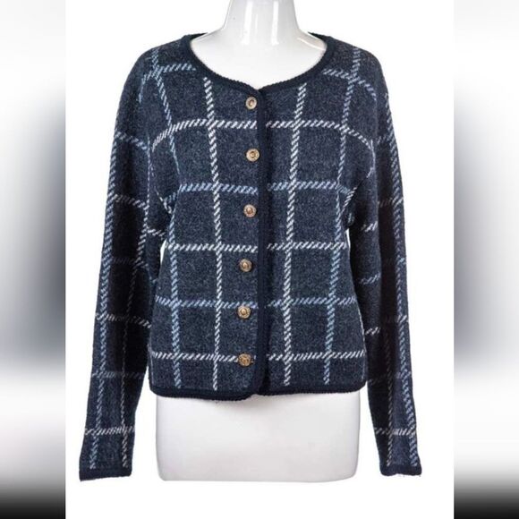 Tally Ho Navy and White 100% boiled wool Plaid Women's Cardigan - Picture 1 of 9